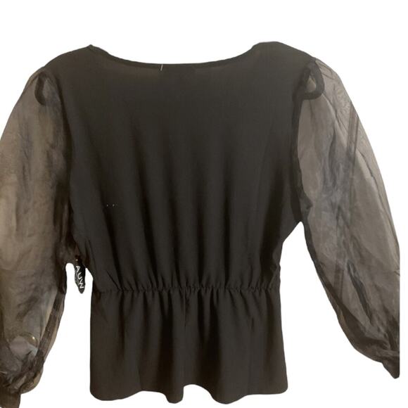 AUW Dressy Blouse Women's Size M Black Sheer Long Sleeves Gold Pearl Belt - Picture 12 of 12
